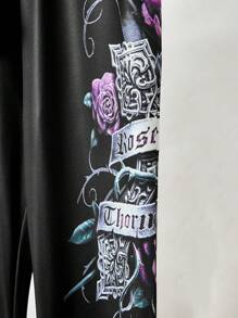 SHEIN LUNE 2 piezas Conjunto casual de camiseta y pantalones con estampado floral minimalista para mujer - Negro - Ver 4