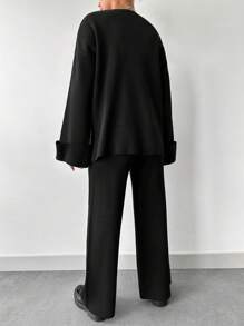 EURMUSE Women's Solid Color V-Neck Drop Shoulder Long Sleeve Sweater And Knit Pants Casual 2-Piece Set, Autumn/Winter - Black - View 2