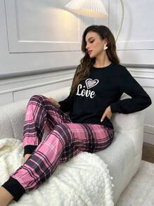 Heart Plaid Print Long Sleeve Pajama Set, Fall Winter Clothes - Black - View 4