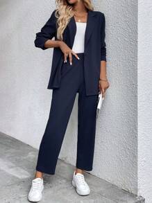 SHEIN LUNE Women's Casual Pocket Long Sleeve Commuting Outdoor Blue Suit Set Business Casual Woman