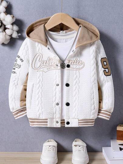 SHEIN Young Boy Letter Embroidered Hooded Casual Jacket Chic Outfits For Autumn/Winter
