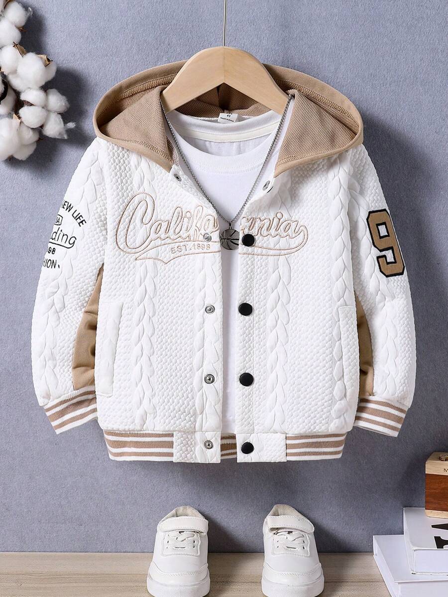 SHEIN Young Boy Letter Embroidered Hooded Casual Jacket Chic Outfits For Autumn/Winter