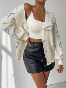 SHEIN LUNE Women's Loose Casual Geometric Pattern Drop Shoulder Long Sleeve Cardigan, Autumn/Winter Fall Cloth For Women - Beige - View 6