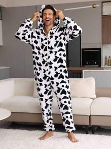 Men's Black & White Minimalist Cow Texture Pattern Fleece Long Sleeve Hooded Jumpsuit Loungewear, Family Matching - Black and White - View 1