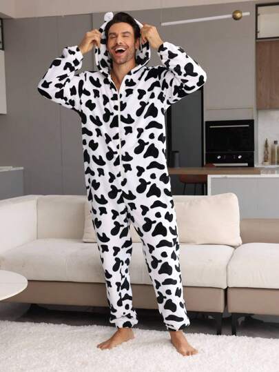 Men's Black & White Minimalist Cow Texture Pattern Fleece Long Sleeve Hooded Jumpsuit Loungewear, Family Matching