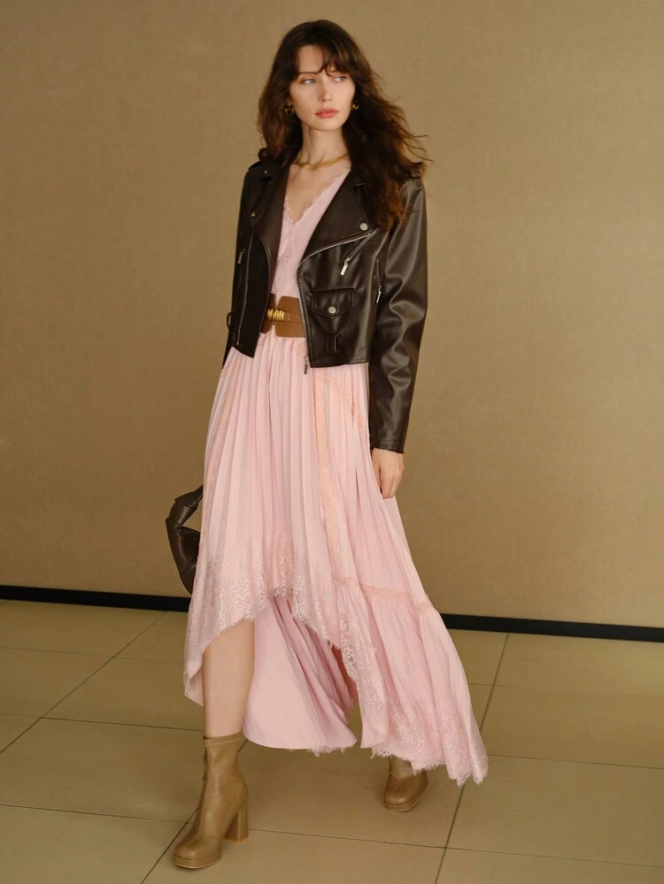 MOTF STUDIO V-NECK LACE TRIM PLEATED ASYMMETRICAL HEM LONG DRESS