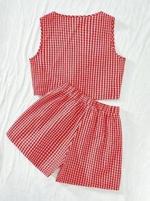 SHEIN VCAY 2pcs Women Casual Plaid Pattern Vest & High Waisted Loose Shorts Set - Red and White - View 2