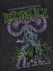 Beetlejuice | ROMWE Áo thun tay ngắn in hình kinh dị và khẩu hiệu rộng rãi cho nữ, mùa hè, dành cho cả nam và nữ - màu đen - Xem 2