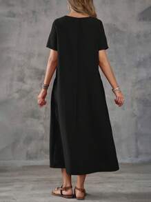 EMERY ROSE Women Solid Color Dual Pocket Casual Beach Dress - Black - View 2