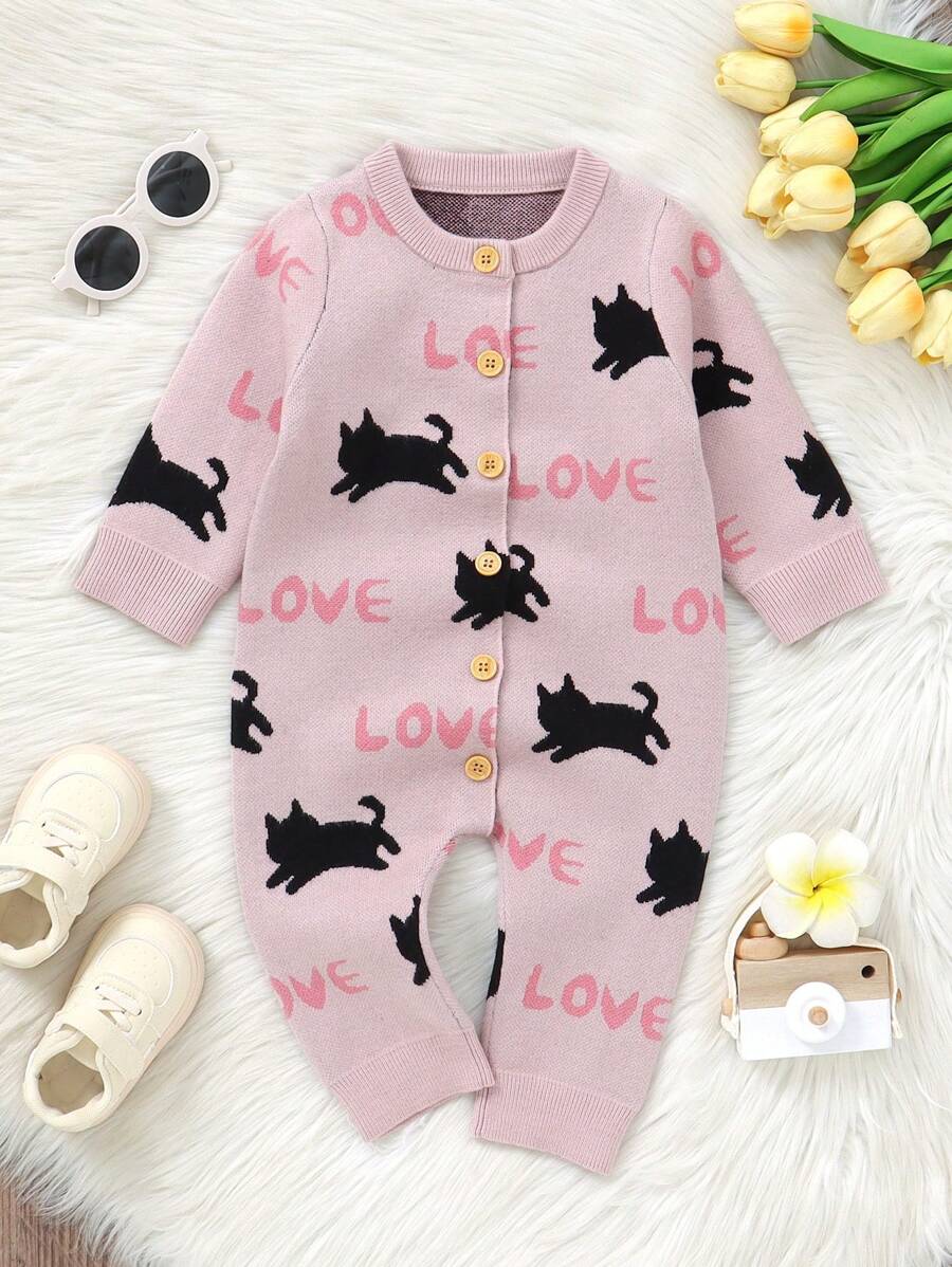 1pc Adorable Pink Cat Patterned Baby Jumpsuit With Long Sleeves, Cosy & Fashionable Design For Infant Growth