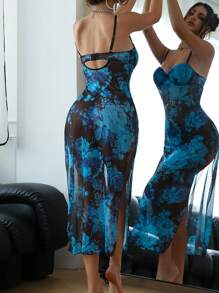 Camisón largo y sexy con estampado floral azul para mujer