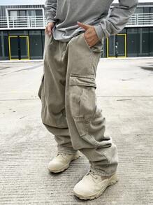 Manfinity EMRG Men's Cargo Pocket Wide Leg Casual Loose Fit Jeans, Plain Olive Green Long Baggy Washed Cargo Jeans, For Husband, Boyfriend Gifts Going Out Hang Out Vacation Urban College - Grey - View 8