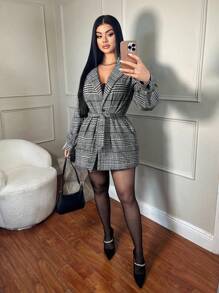 SHEIN SXY 秋季女装；女士办公室服装；千鸟格针织束带腰部夹克，秋冬