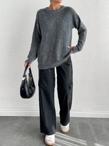 EURMUSE Jersey de invierno de estilo casual, de ajuste regular y efecto lavado, 100% algodón, para mujer - Gris Oscuro - Ver 4