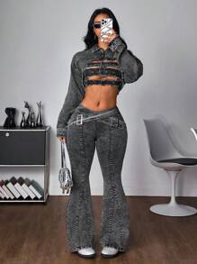 SHEIN ICON Women's Denim Flared Jeans With Eyelet & Criss-Cross Strap Details