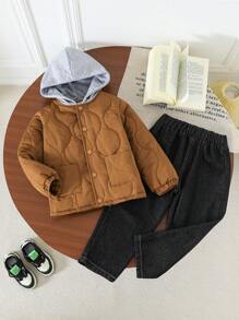 SHEIN 2pcs/Set Young Boys Casual Hooded  Cardigan Jacket And Washed Denim Pants, Comfortable Outfit For Daily Wear, Autumn Winter - Brown - View 3