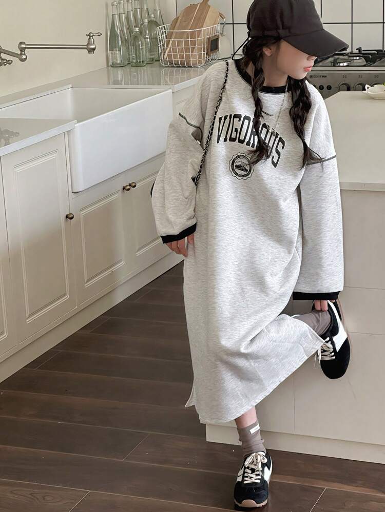 Tween Girls Round Neck Thermal Lined Straight Dress, Fall