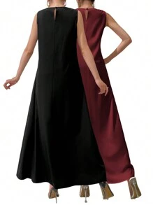 Al Najma 勃艮第红色女士纯色圆领无袖长款休闲阿拉伯连衣裙，休闲 2 件套，阿巴亚内衣裙，阿拉伯连衣裙，长款背心裙，基本款长裙 - 酒紅色 - 查看 2