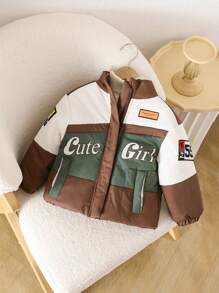 SHEIN Áo khoác dài tay họa tiết chữ cái và số tiếng Anh Mỹ thời trang dày dặn cho bé gái, ấm áp và chống gió, đa năng để mặc hàng ngày và đi làm - Nhiều màu - Xem 1