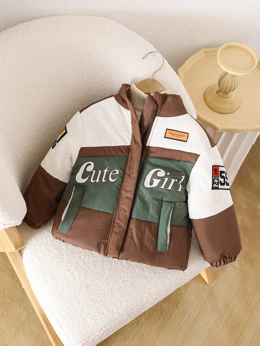 SHEIN Áo khoác dài tay họa tiết chữ cái và số tiếng Anh Mỹ thời trang dày dặn cho bé gái, ấm áp và chống gió, đa năng để mặc hàng ngày và đi làm - Nhiều màu - Xem 1