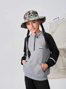 SHEIN 青少年女孩时尚休闲复古图案连帽运动衫，正面带拉链，适合上学、户外、露营、秋冬季 - 淺灰色 - 查看 4