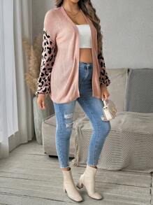SHEIN Maternity Casual Leopard Patchwork Sweater, Autumn, For Winter - Dusty Pink - View 5