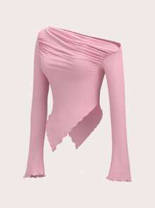 SHEIN ICON 女式纯色秋季不对称领口长袖罗纹休闲 T 恤 - 粉色 - 查看 7