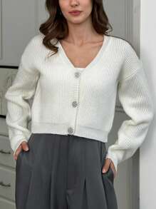 EURMUSE Casual Cute Crop Brushed Yarn Drop Shoulder Rib Knit Diamond Button Detailed Cardigan - White - View 3