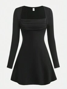 SHEIN Girlism Teen Girls Black Square Neck Ruched Bust Ribbed Flared A-Line Versatile Mini Dress - Black - View 3