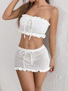 Flirla 2pcs Women's Vacation Solid Color Ruffle Hem Front Tie Knit Crop Top And Knitted Mini Skirt Fashion Set