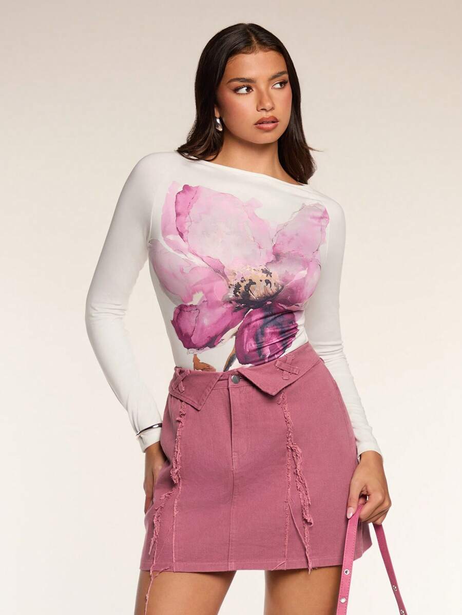 Glamine 大号花卉印花插肩袖长袖女式 T 恤 - 彩色 - 查看 1