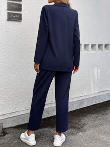 SHEIN LUNE Women's Casual Pocket Long Sleeve Commuting Outdoor Blue Suit Set Business Casual Woman