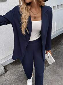 SHEIN LUNE Women's Casual Pocket Long Sleeve Commuting Outdoor Blue Suit Set Business Casual Woman
