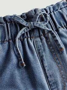 SHEIN Girlism Tween Mädchen Jeans mit weitem Bein, lockere elastische Taille, Schleifendekoration, Blau - Dunkle Waschung - Übersicht 4
