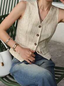 DAZY V领无袖修身碎花女式开衫，秋装女式夹克 - 杏色 - 查看 7