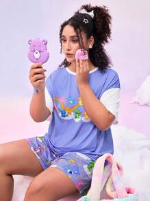 SHEIN X Care Bears Classic Cute Home Heart Star Rainbow Bear Cartoon Print Contrast Trim Crew Neck Drop Shoulder Loose Top & Shorts - Multicolor - View 4