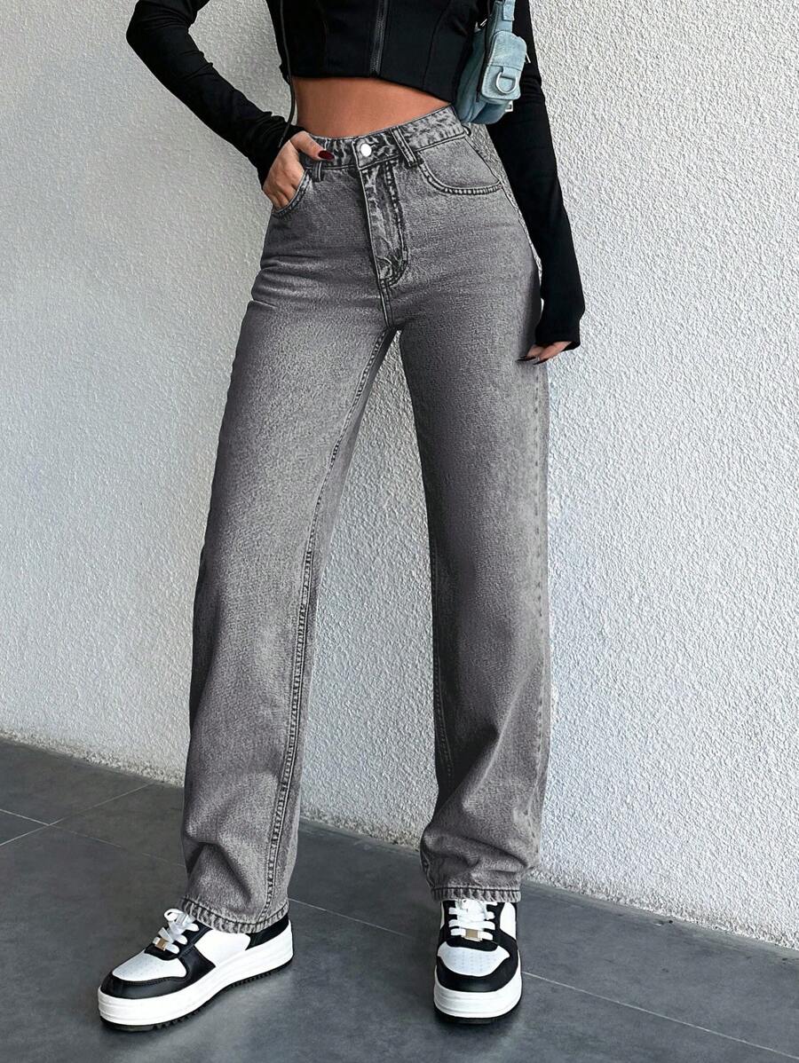 EURMUSE 100% Cotton Women Mid-Rise Washed Dark Color Straight Leg Jeans ,Petite Women - Grey - View 1