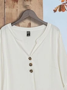 Rusticease Plus Size Solid Color Front Button Mid Long Sleeve Simple Casual Shirt,Fall Women Clothes - Khaki - View 5