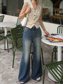 DAZY V领无袖修身碎花女式开衫，秋装女式夹克 - 杏色 - 查看 5