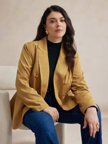 BizChic Plus Size Solid Color Double-Breasted Lapel Elegant Business Casual Suit Jacket - Yellow - View 6