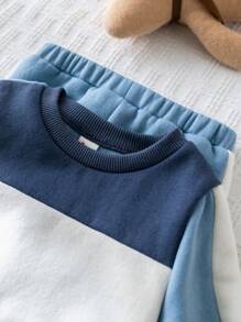 Cozy Pixies 男婴 2 件套撞色针织柔软圆领运动衫和慢跑裤服装套装 - 藍色 - 查看 6