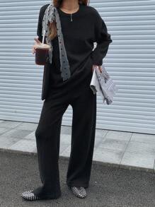 DAZY 2 件女式圆领长袖毛衣上衣和纯色裤子针织套装，秋季女装