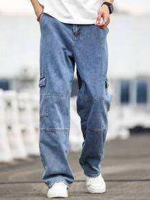 Manfinity Homme Relaxed Fit Men's Cargo Baggy Jeans With Flap Pockets - Blue - View 5