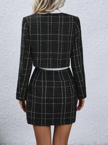 Chiquease 2 piezas Conjunto elegante de chaqueta de manga larga de un solo botón con estampado a cuadros y falda con bajo asimétrico para mujer, primavera-otoño - Negro - Ver 2