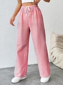 SHEIN PETITE Damen Gerade geschnittene Hose mit Bundschlaufe und Nadelstreifen - Rot-Weiß - Übersicht 3
