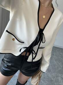 Elenzga Chaqueta corta con tirantes de moño delgado, estilo francés de moda para mujer en otoño, adecuada para ir al trabajo, vacaciones, citas, salidas, días festivos, jardín, reuniones familiares, Día del Trabajo, festivales, Día de la Independencia, regreso a clases, atuendo de maestro, Halloween, Acción de Gracias