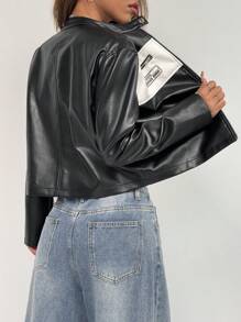 SHEIN EZwear Zipper Front Long Sleeve Solid Color Patchwork Casual PU Biker Jacket In Fall/Winter - Black and White - View 2