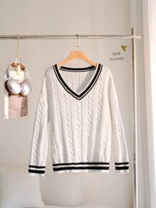 CovetEZ 大码 V 领条纹印花休闲长袖套头衫 - 白色 - 查看 1