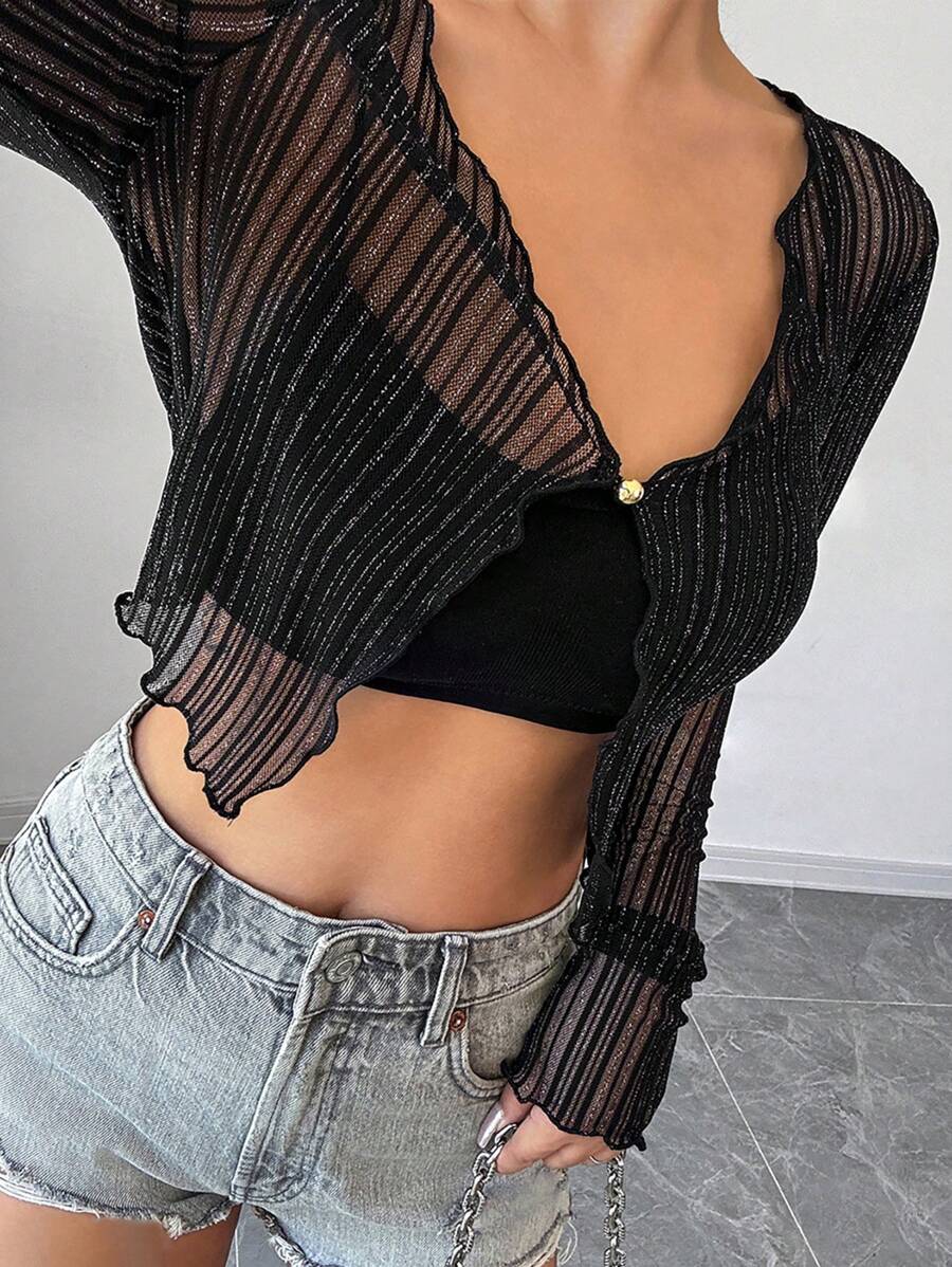 SHEIN Privé Women Long Sleeve Lace See-Through Elegant Black Tops, Long Sleeve Women Tops.  Black Top. Lace Long Sleeve. Suitable For Party Women Wear. Back To School Season. Concert. Carnival.  Halloween Costume - Black - View 1