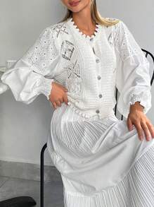 EURMUSE Casual Cute Texture Knit Hollow Out Crew Neck Cardigan Combined With Shiffli Embroidery Balloon Sleeve - White - View 5